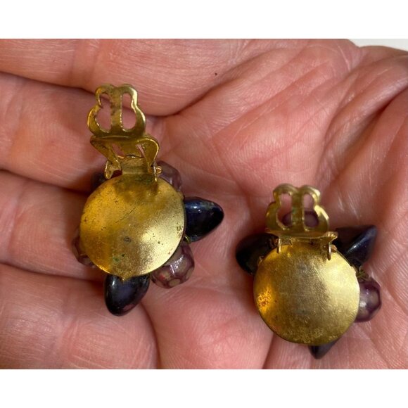 Mid-Century Cluster Earrings; Petite Purple Lampwork Beads and Black Disks - HON - Picture 3 of 6